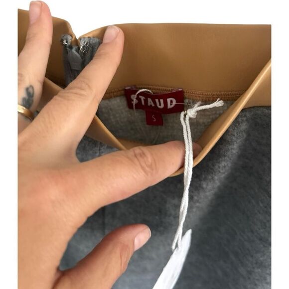 Staud Gray Tan Contrast Wide Leg Pants Size Jersey Faux Leather Designer NWT - Picture 7 of 13